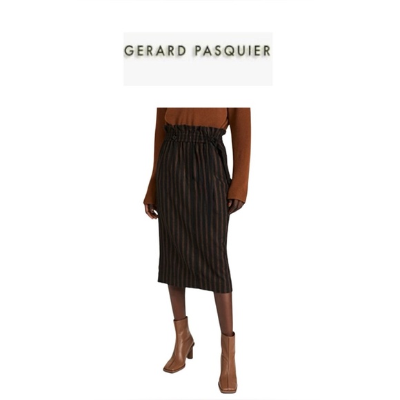 Vintage Gerard Pasquier Made in France 100% Wool Brown Striped Women's Skirt - Picture 1 of 11